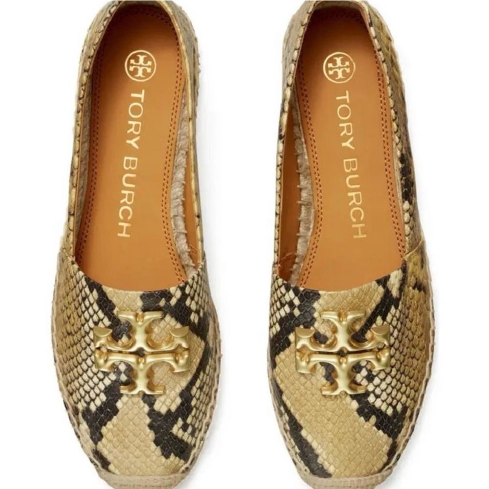 Tory Burch Gold Snake-Print Logo Espadrilles